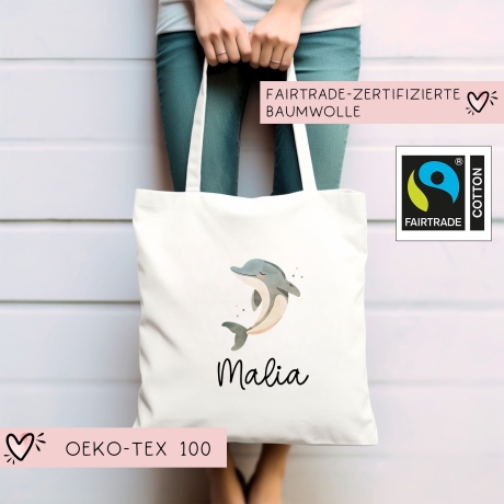 Stofftasche Delfin Delphin Personalisiert und Namen. Meer. Für Kindergarten und Schule - Wäschebeutel Wechselwäsche KITA | Mädchen & Junge