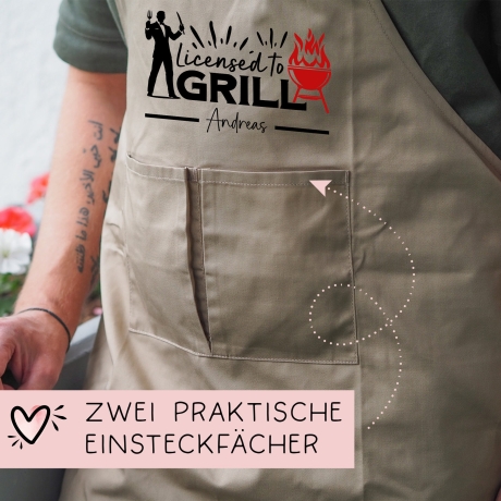 Grillschürze personalisiert Lizenz zum Grillen für Männer mit Name & Kunstleder zum Geburtstag - Weihnachten Baumwollschürze, Küchenschürze