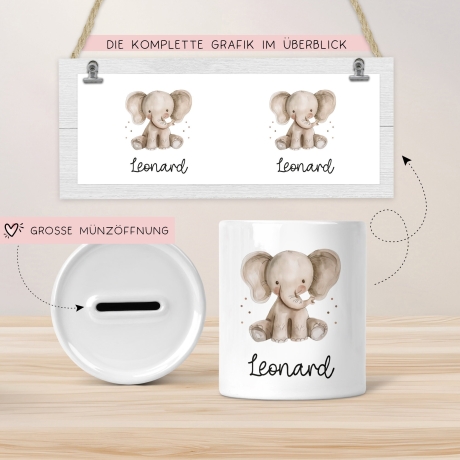 Spardose mit Namen Elefant Tier Personalisiert optional mit Datum - Grau - Geschenk für Junge & Mädchen zum Geburtstag Weihnachten Firmung