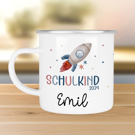 Schulanfang Schulkind 2024 Emaille Tasse | Personalisierte mit Wunschnamen | Kindertasse zur Einschulung | Astronaut mit Rakete