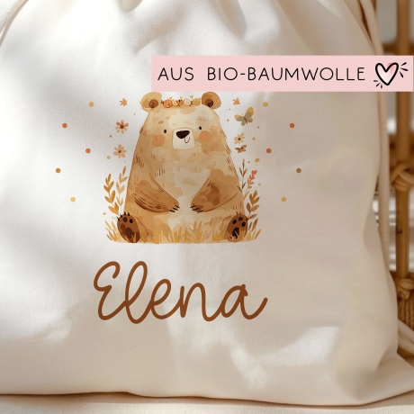 Turnbeutel Rucksack mit Namen Sitzender Bär -GymBag als Wäschebeutel, Sportbeutel Kinderbeutel für Schule, Kindergarten, Kita.Personalisiert