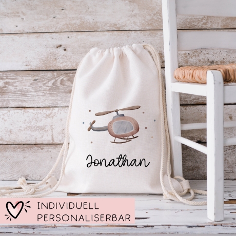 Hubschrauber Turnbeutel Rucksack mit Namen - GymBag als Wäschebeutel, Sportbeutel Kinderbeutel für Schule, Kindergarten, Kita.Personalisiert