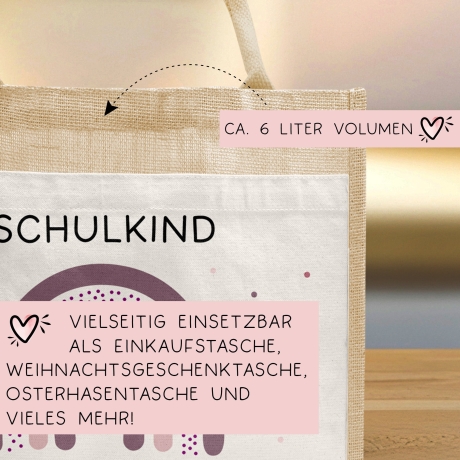 Einschulung Jute Pocket Tasche Personalisiert mit Wunschnamen | Schulkind Regenbogen Herz als Geschenktasche für Schulanfang - 1 Schultag