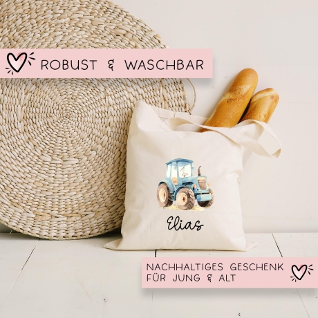 Personalisierte Stofftasche Traktor Blau Name - Kinder Beutel Kindertasche mit Wunschname - Wechselwäsche - Wechselkleidung - Tragetasche