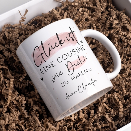 Handgefertigte Personalisierte Tasse – Glück ist eine COUSINE wie dich zu haben - Geschenk zum Geburtstag, Ostern, Weihnachten - Wunschnamen