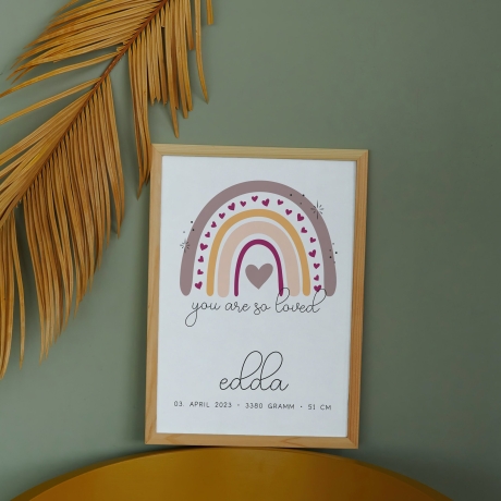 Personalisiertes Poster Geburtsposter in DIN A4 mit Regenbogen, Wunschname, Kinderzimmer Poster Name, Geschenk Baby, Geschenk zur Geburt