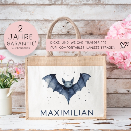 Personalisierte Halloween Tasche | Beutel mit Fledermaus und Name| Candy Bag mit Namen | Tragetasche für Kinder für Süßigkeiten an Halloween