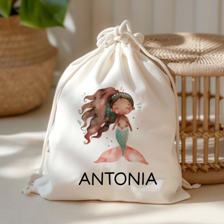 Kinder-Beutel Meerjungfrau Stofftasche Personalisiert mit Wunschnamen für Schule, Kindergarten,  Wäschebeutel, Sportbeutel, Wechselwäsche