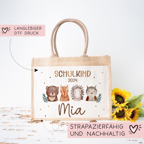 Schulkind Tasche 2024, Waldtiere Bär, Eule Fuchs Igel, Geschenk Einschulung, Schultüte, personalisierte Jutetasche, Einschulungsgeschenk