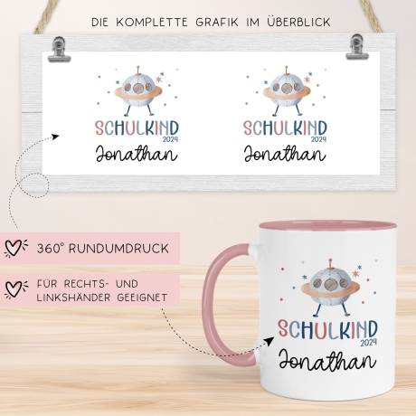Schulkind 2024 Tasse Einschulungsgeschenk mit UFO-Weltraum-Motiv Kindertasse - personalisierte Kakao Tasse mit Namen