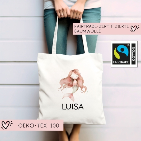 Einschulung Stofftasche Meerjungfrau Personalisiert  Kindergarten Wäschebeutel Kinder-Beutel mit Wunschnamen für Schule, Wechselwäsche