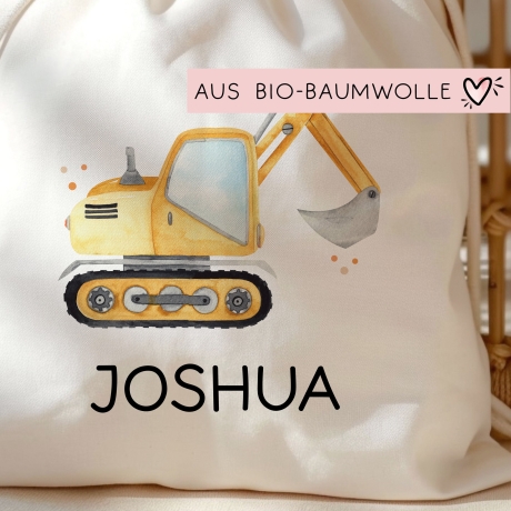 Stofftasche Bagger Baustelle Personalisiert mit Namen. Für Schule und Kindergarten als Wäschebeutel Wechselwäsche für Mädchen & Junge