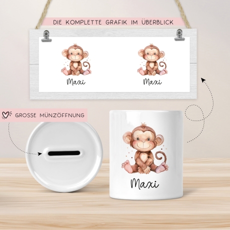 Personalisierte Kinder Spardose Affe Tier mit Namen optional Datum - Braun - Geschenk für Junge & Mädchen zum Geburtstag Weihnachten Firmung
