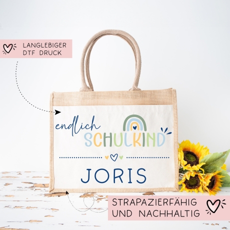 Endlich Schulkind 2024 personalisiert mit Namen Tasche Schultasche, Geschenk Einschulung, personalisierte Jutetasche, Einschulungsgeschenk