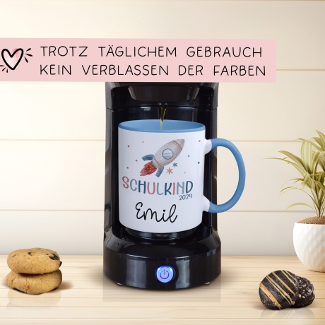Schulkind 2024 Rakete Tasse Personalisiert mit Wunschnamen Kindertasse mit Namen zur Einschulung