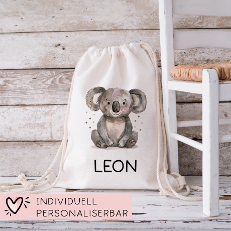 Personalisierter Turnbeutel mit einem Koala | mit Wunschnamen | Tierkinder | Rucksack für Schule, Kindergarten, KITA und KIGA Wäschebeutel