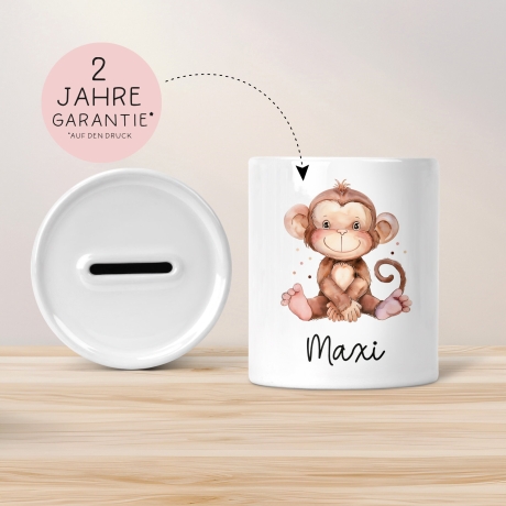 Personalisierte Kinder Spardose Affe Tier mit Namen optional Datum - Braun - Geschenk für Junge & Mädchen zum Geburtstag Weihnachten Firmung