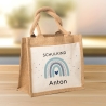 Einschulung - Personalisierte Jute Pocket Tasche | mit Wunschnamen | Schulkind Regenbogen Herz | Blau | als Geschenktasche für Schulanfang