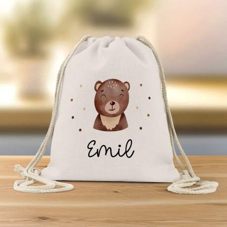 Turnbeutel Rucksack mit Namen und einem Bär -GymBag als Wäschebeutel, Sportbeutel Kinderbeutel für Schule, Kindergarten, Kita.Personalisiert