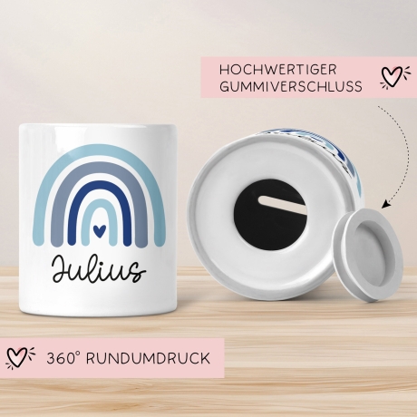 Personalisierte Spardose Regenbogen mit Namen und Datum - Blau - Geschenk für Junge zum Geburtstag Weihnachten Firmung Geburt Einschulung