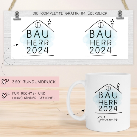 Set Bauherr Bauherrin Tasse 2024 Name, Richtfest Geschenk, Becher Geschenke zum Richtfest, Geschenkideen zum Hausbau Einweihung Hausbauer
