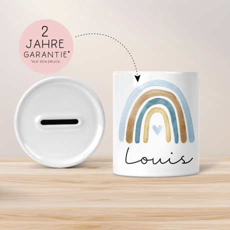 Personalisierte Kinder Spardose Regenbogen Aquarell mit Namen und Datum - Blau - Geschenk für Mädchen zum Geburtstag Weihnachten Firmung
