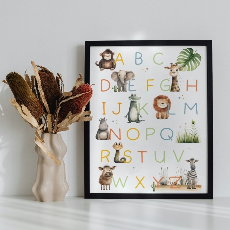 ABC Poster, Tieralphabet - DIN A4 oder A3 | Afrikanisches Safari Alphabet Tiere | Lernposter fürs Kinderzimmer mit süßen Tier-Motiven.