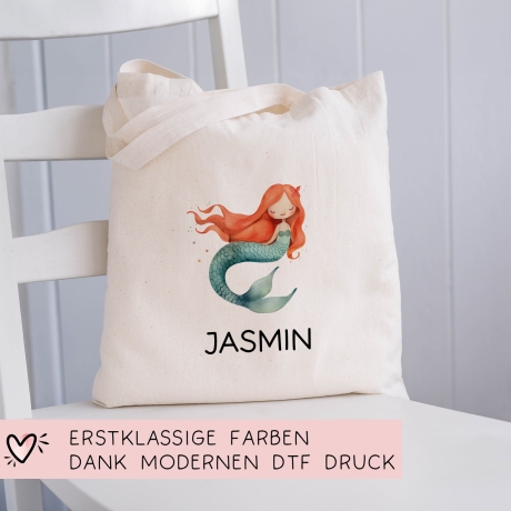 Meerjungfrau Stofftasche Personalisiert mit Wunschnamen Kinder-Beutel für Schule, Kindergarten,  Wäschebeutel, Sportbeutel, Wechselwäsche