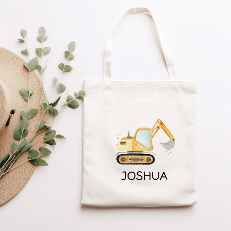 Stofftasche Bagger Baustelle Personalisiert mit Namen. Für Schule und Kindergarten als Wäschebeutel Wechselwäsche für Mädchen & Junge