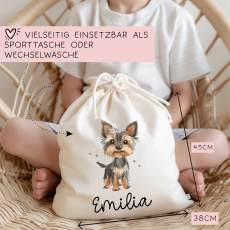 Personalisierte Stofftasche Hund Yorkshire Terrier Name - Kinder Beutel Kindertasche mit Wunschname - Wechselwäsche - Wechselkleidung
