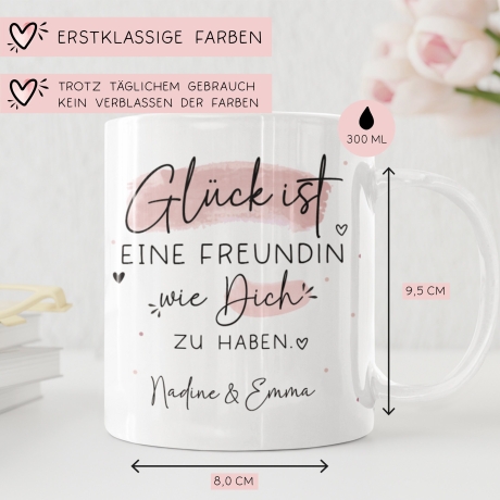 Handgefertigte Personalisierte Tasse – Glück ist eine FREUNDIN wie dich zu haben - Geschenk zum Geburtstag, Ostern, Weihnachten -Wunschnamen