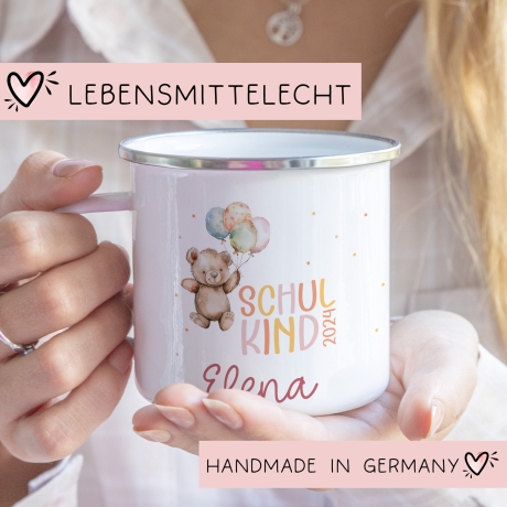 Schulkind 2024 Emaille Tasse, personalisiertes Einschulungsgeschenk, personalisierte Tasse für Jungen und Mädchen Schulanfang