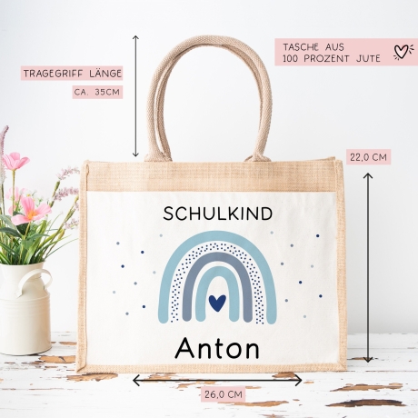 Einschulung - Personalisierte Jute Pocket Tasche | mit Wunschnamen | Schulkind Regenbogen Herz | Blau | als Geschenktasche für Schulanfang