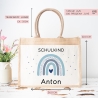 Einschulung - Personalisierte Jute Pocket Tasche | mit Wunschnamen | Schulkind Regenbogen Herz | Blau | als Geschenktasche für Schulanfang