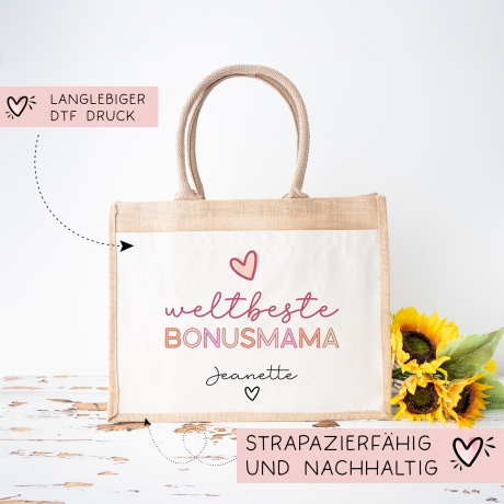Weltbeste Bonus Mama Tasche Jute Beutel - mit Wunschname - Einkaufstasche - Bonusmama Mutterliebe Geschenkidee Muttertag - Personalisiert