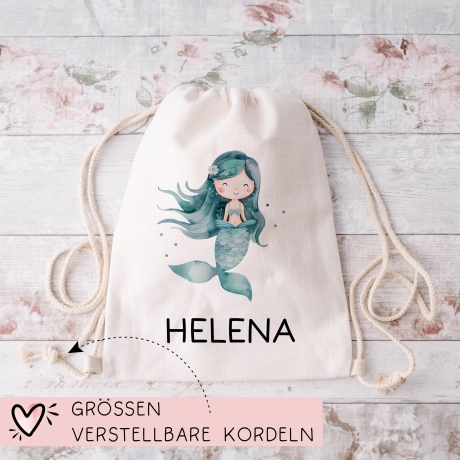 Turnbeutel Meerjungfrau Personalisiert | Nixe mit Wunschnamen Rucksack Schule, Kindergarten, KITA, Wäschebeutel, Sportbeutel, Wechselwäsche