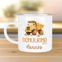 LKW Kipplaster Kindertasse Schulkind Name Emaille Tasse Kind Schulanfang personalisiert Kinder Geschenk Geburtstagsgeschenk