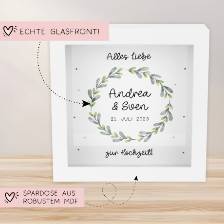 Spardose Hochzeit personalisiert Datum & Name Brautpaar Bräutigam Braut Geldgeschenk Sparschwein Hochzeitsgeschenk Geld - Holz Blumenkranz