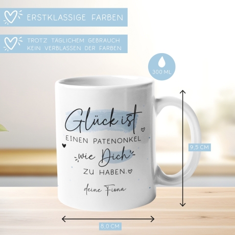 Personalisierte Tasse mit Spruch Glück ist, einen Patenonkel wie dich zu haben. Super Geschenk für Geburtstage, Ostern oder Weihnachten