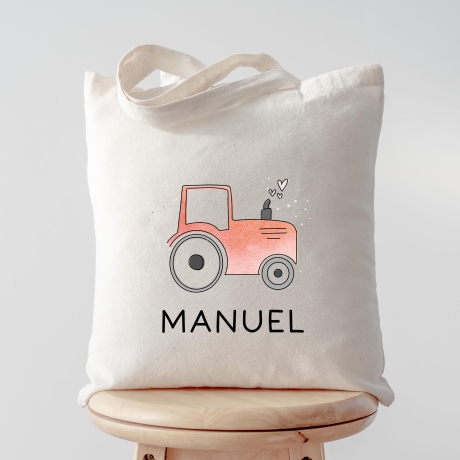 Baumwolltasche Traktor Rot Stofftasche Name - Kinder Beutel Jutetasche Kindertasche & Wunschname - Wechselwäsche - Tragetasche - Jutebeutel