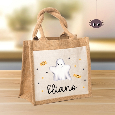 Halloween Stoff Tasche mit Namen | Beutel mit Geist und Bonbons | Candy Bag mit Namen | Tragetasche für Kinder für Süßigkeiten an Halloween