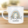Schulkind Emaille Tasse Emaille Becher mit Namen personalisiert Regenbogen Rosa oder Blau für Jungs und Mädchen. Einschulung Geschenkidee