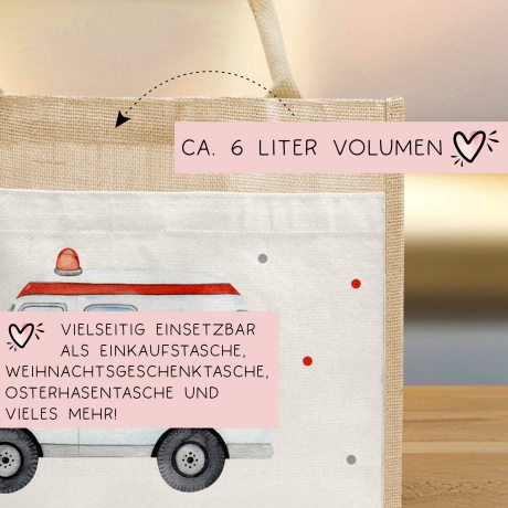 RTW Krankenwagen Tasche Wunschnamen | aus 100% Jute | Rettungsfahrzeug | Geschenk Geschenk zum Geburtstag, Nikolaus, Weihnachten oder Ostern