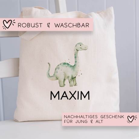 Kinder-Beutel Stoffbeutel Dinosaurier Dino Wunschname Stofftasche Brontosaurus Tasche personalisiert als Sporttasche, Wechselwäsche & Schule