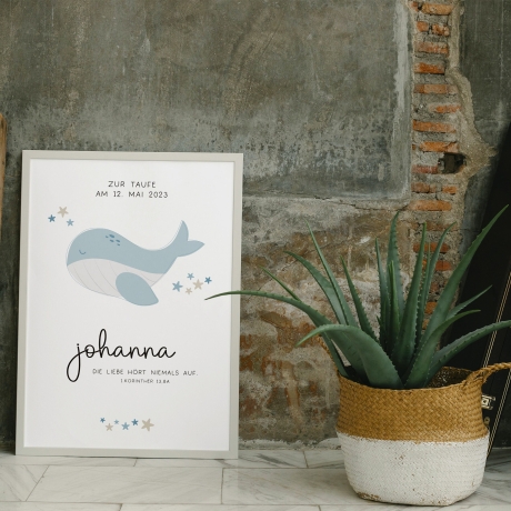 Personalisiertes Poster zur Taufe mit eigenen Namen und Taufspruch mit einem Wal | Taufposter| Geschenk zur Taufe | Geschenk für Patenkind