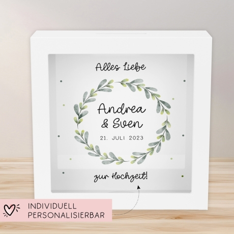 Spardose Hochzeit personalisiert Datum & Name Brautpaar Bräutigam Braut Geldgeschenk Sparschwein Hochzeitsgeschenk Geld - Holz Blumenkranz