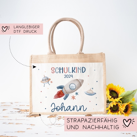 Schulkind 2024 Tasche, Rakete Weltraum Schultasche, Geschenk Einschulung, Schultüte, personalisierte Jutetasche, Einschulungsgeschenk