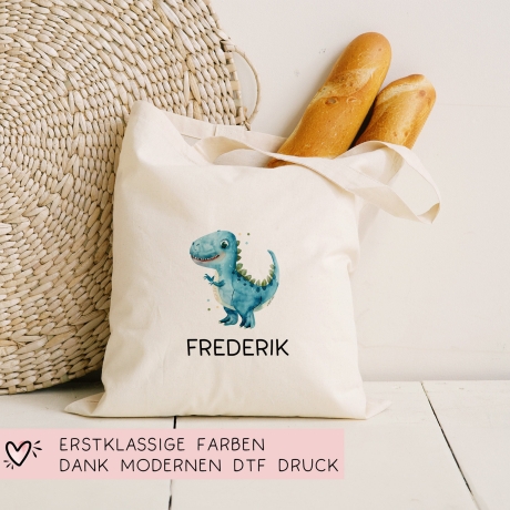 Stoffbeutel Dinosaurier Dino Stofftasche Tyrannosaurus Rex Tasche personalisiert Kinder-Beutel als Sporttasche, Wechselwäsche, Kita & Schule