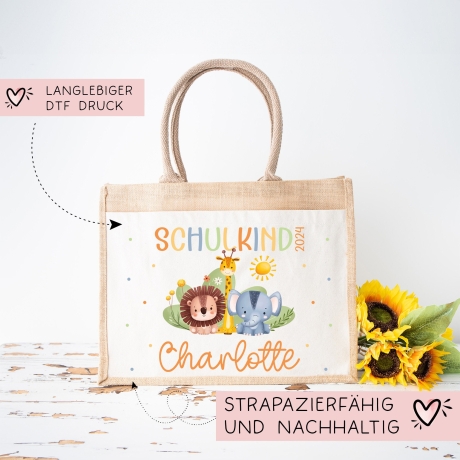 Schulkind 2024 Tasche, Zoo, Löwe Giraffe, Elefant, Schultasche, Geschenk Einschulung, personalisierte Jutetasche, Einschulungsgeschenk