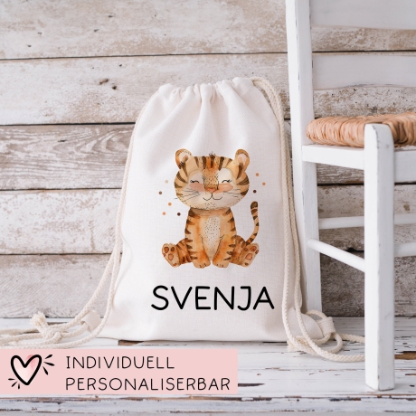 Personalisierter Turnbeutel Tiger Wunschnamen |  Rucksack für Schule, Kindergarten, KITA , KIGA | als Wäschebeutel, Sportbeutel l Tierkinder